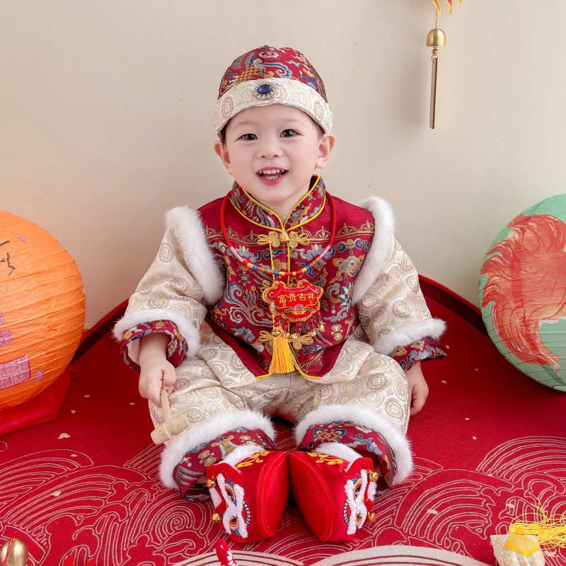 25 Spring and Autumn New One-Year Old Dress for Boys and Babies Chinese Festive Birthday Banquet One Hundred Days of Catching Weekly Dress Children's Tang Suit Crown Dress