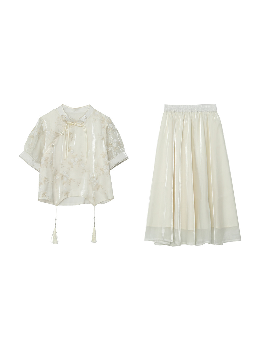 A487 New Summer Product Plus Fat Plus Size Women's New Chinoiserie Suit Women's Improved Version Cheongsam Embroider Two-Piece Set Slimming Look