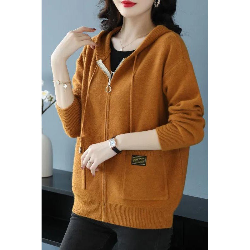 Women's Oversized Zip-Up Cardigan Sweater, High-End Thickened Korean Style Fashionable Hooded Jacket for Autumn and Winter
