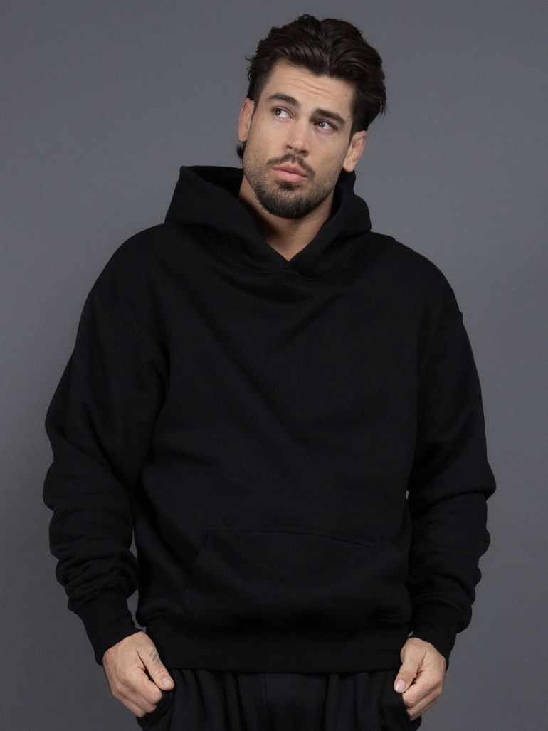 New 400g us size fleece-lined thickened hooded sweater men's American-style loose drop-shoulder solid color couple sweater autumn and winter fashion