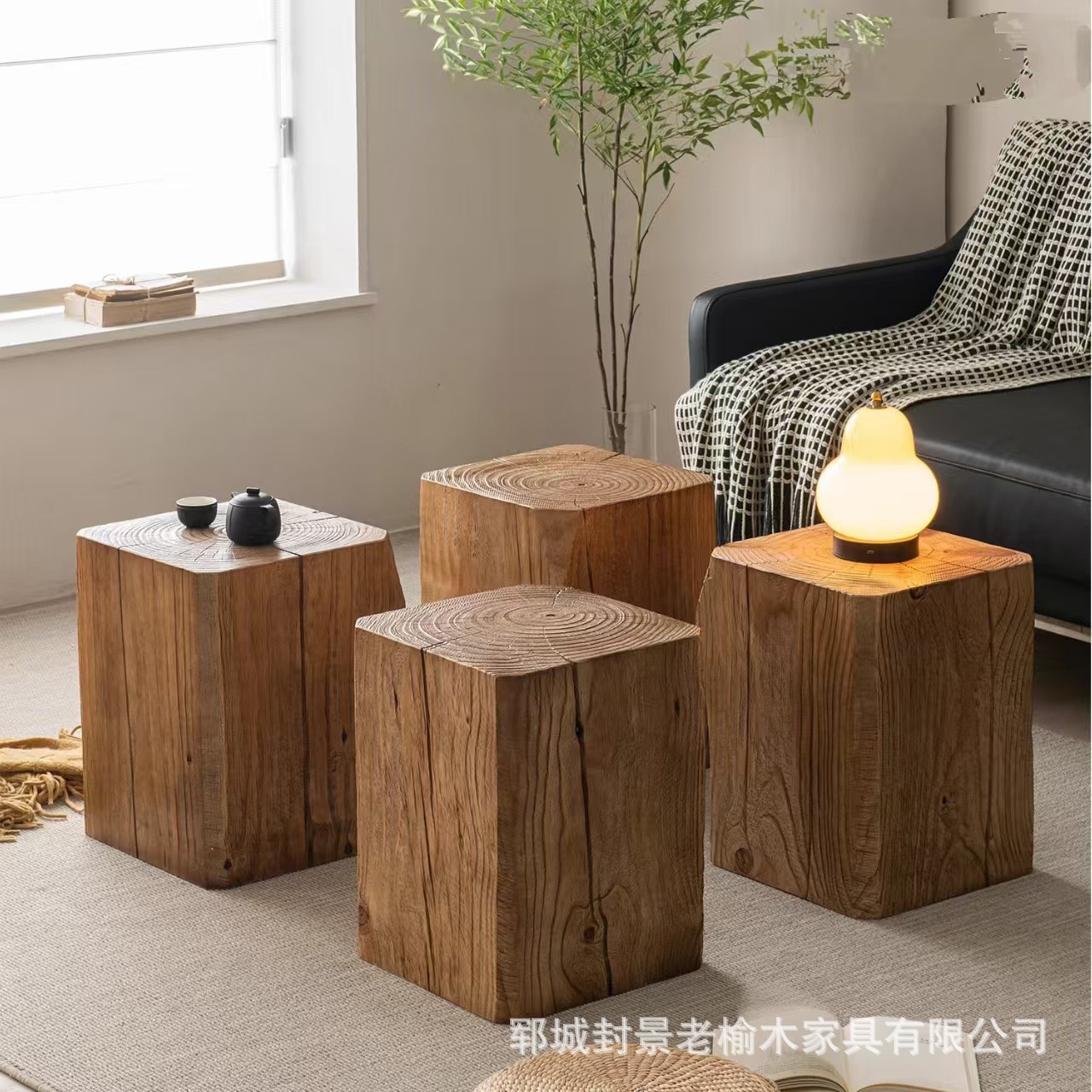 Квадратный деревянный пень из старого вяза, подставка для цветов, столик, низкий стул из массива дерева