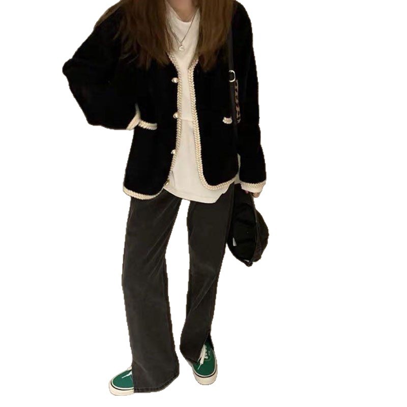 Tweed Style Imitation Mink V Neck Cardigan Women's Jacket Autumn and Winter New Korean Style Loose Lazy Style Knitted Outer Top