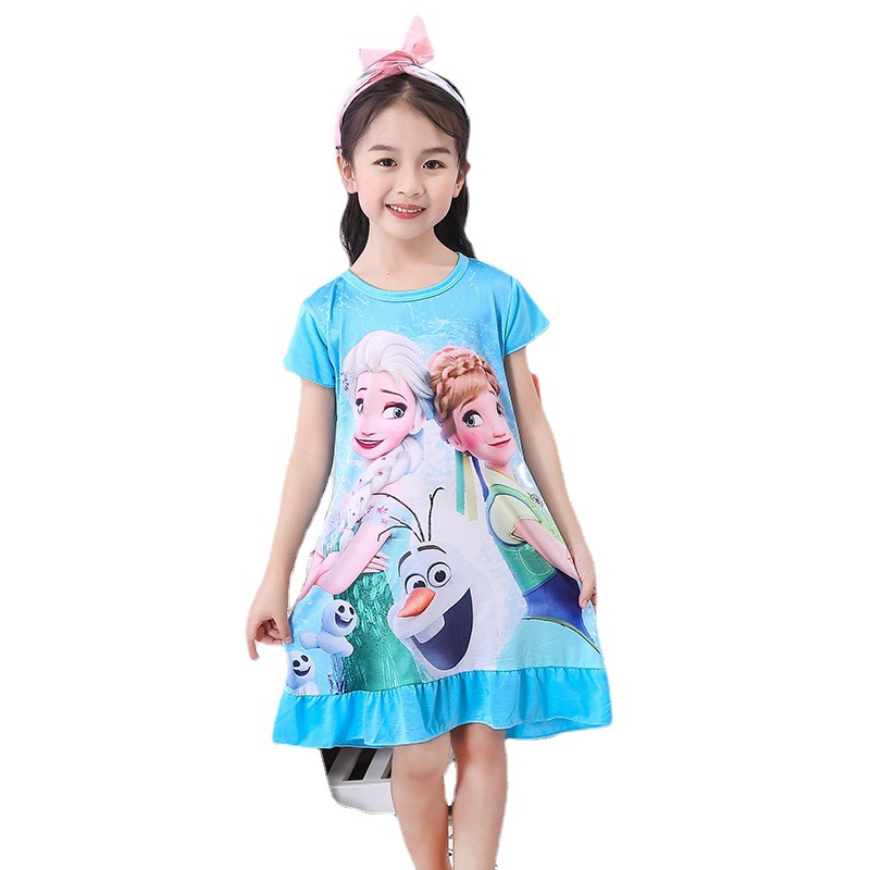 Summer Thin Children's Nightgown Round Neck Short-Sleeved Ruffled Princess Print Sweet New Girls One-Piece Home Clothes