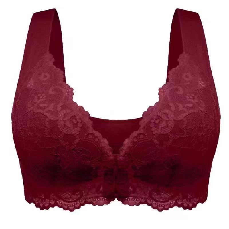 Cross-border foreign trade plus size front buckle thin bra lace sexy wireless gathered seamless vest women's underwear