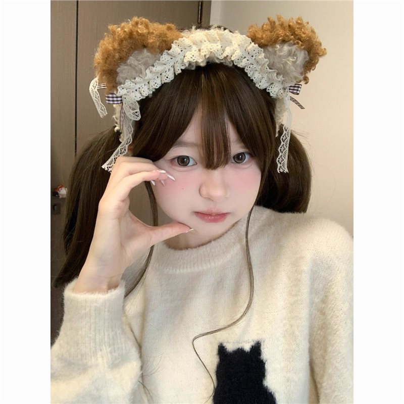 Little Bear Picking Stars |   Autumn and Winter New Cute Plush Bear Headband Sweet Lace Bow Face Wash Headband