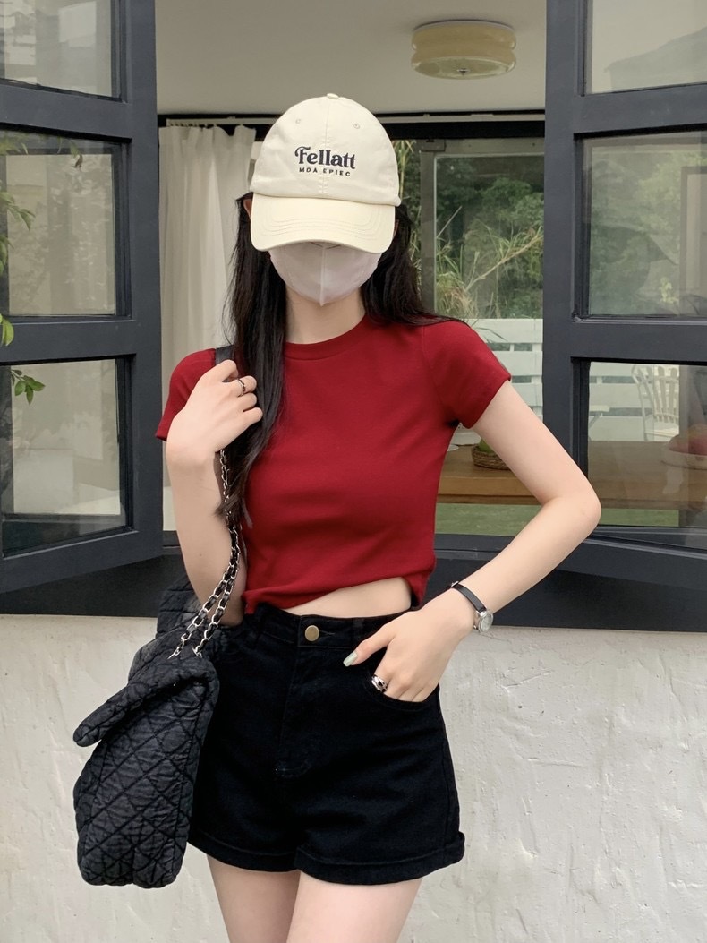 Pure Cotton T-Shirt Women's Summer Short-Sleeved High-Waist Sexy Slim-Fitting Pure Color Right-Shoulder Short-Sleeved Top Bottoming Shirt