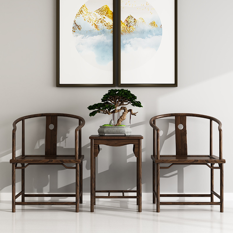 Official Hat Chair, Tea Table Chair, New Chinese Style Dining Chair, Solid Wood Zen Old Elm Armchair, Three-Piece Set, Leisure Tai Shi Chair