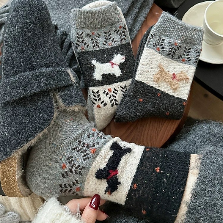 Wool Fairland Socks Women's Mid-Autumn and Winter Thickened fleece-lined Warm Plush Cute Puppy Winter Stockings