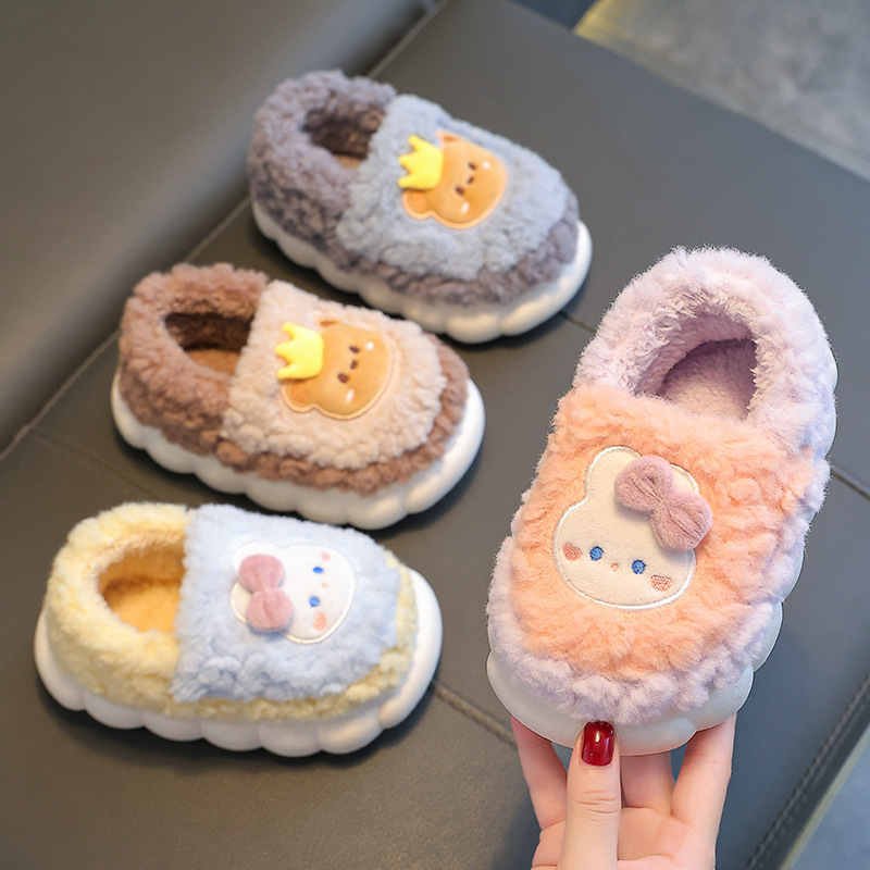 Children's cotton slippers winter bag heel boys and girls indoor non-slip plush shoes baby cute cartoon home parent-child shoes