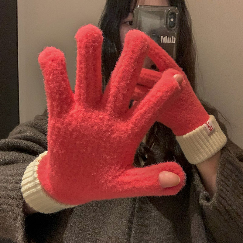 Colorful Warm Wool Gloves Women's Autumn and Winter New Knitted Touch Screen Winter Riding Five Finger Cold-proof Solid Color