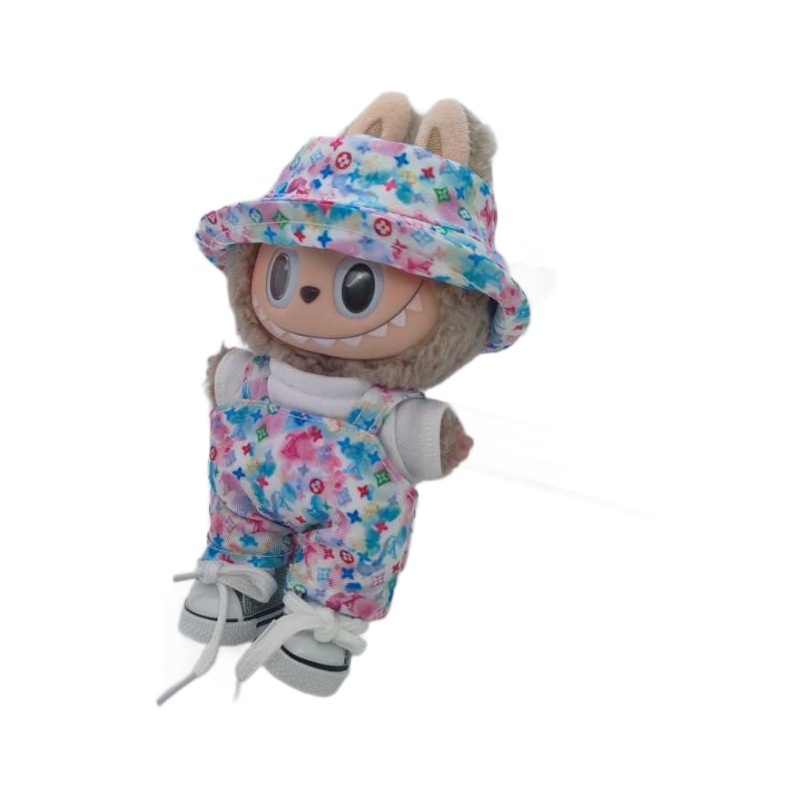 Labubu Doll Clothes, Fisherman Hat, Overalls, 17cm Macaron Sitting Pendant, First and Second Generation