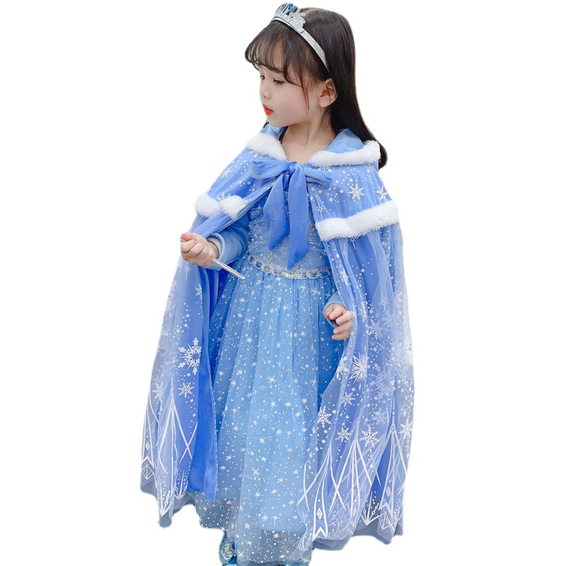 Girls Elsa Princess Velvet Thickened Cloak Cloak Frozen Cloak Shawl Girls Autumn and Winter Lace up Waistcoat