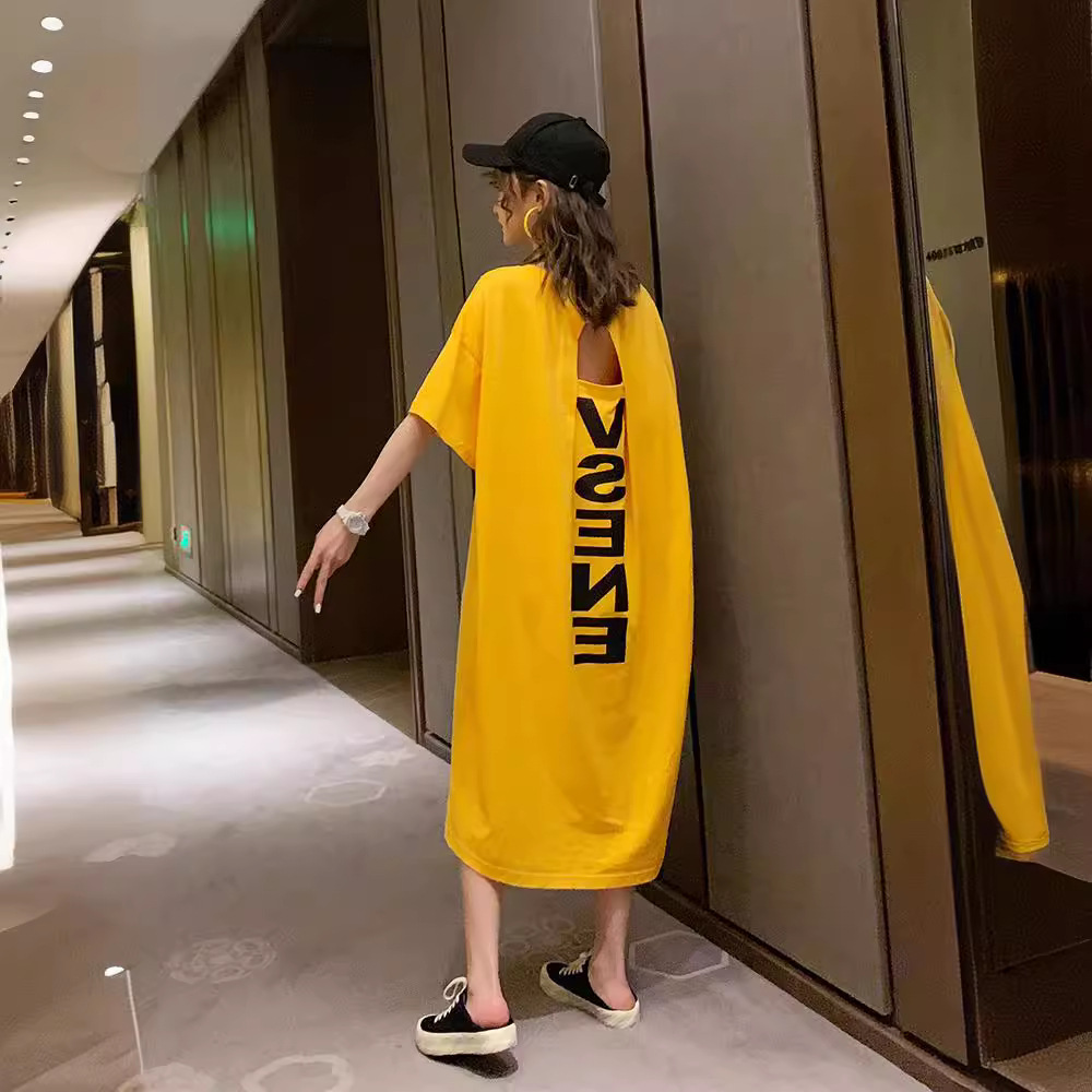 Summer Korea 100kg Plus Size Dress Women's Long Backless Loose Long Skirt Large Size Short-Sleeved Maternity T-Shirt Dress