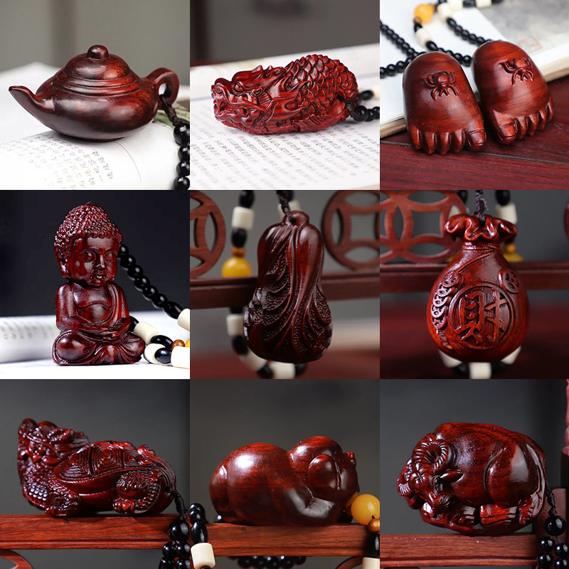 Small-Leaf Red Sandalwood Handle Piece, Fortune Pendant, Pixiu Toy Piece, Wen God of Wealth Pendant, Wooden Toy Crafts Wholesale