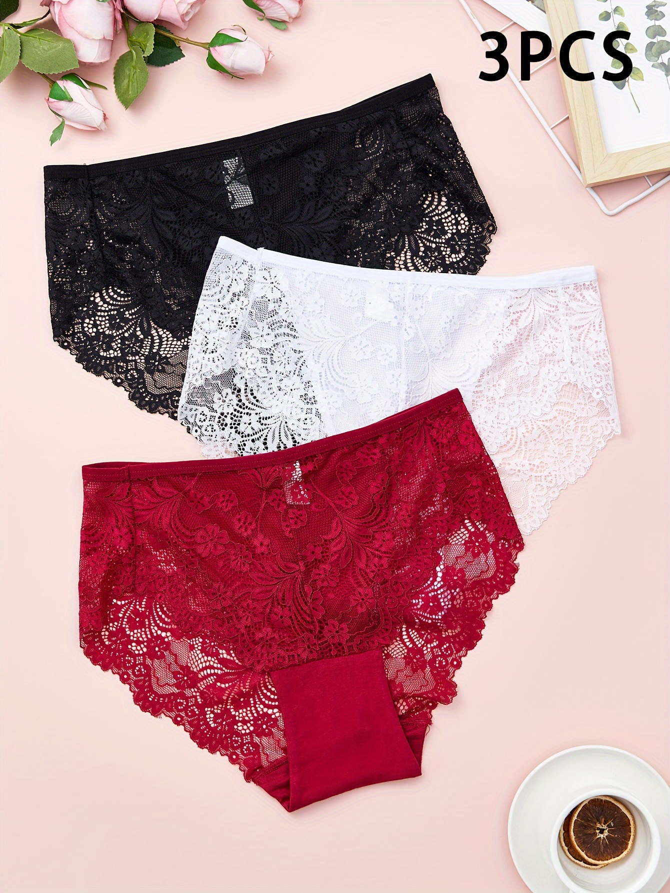 3Pcs Women's Sexy Panties Set, Plus Size Contrast Lace High