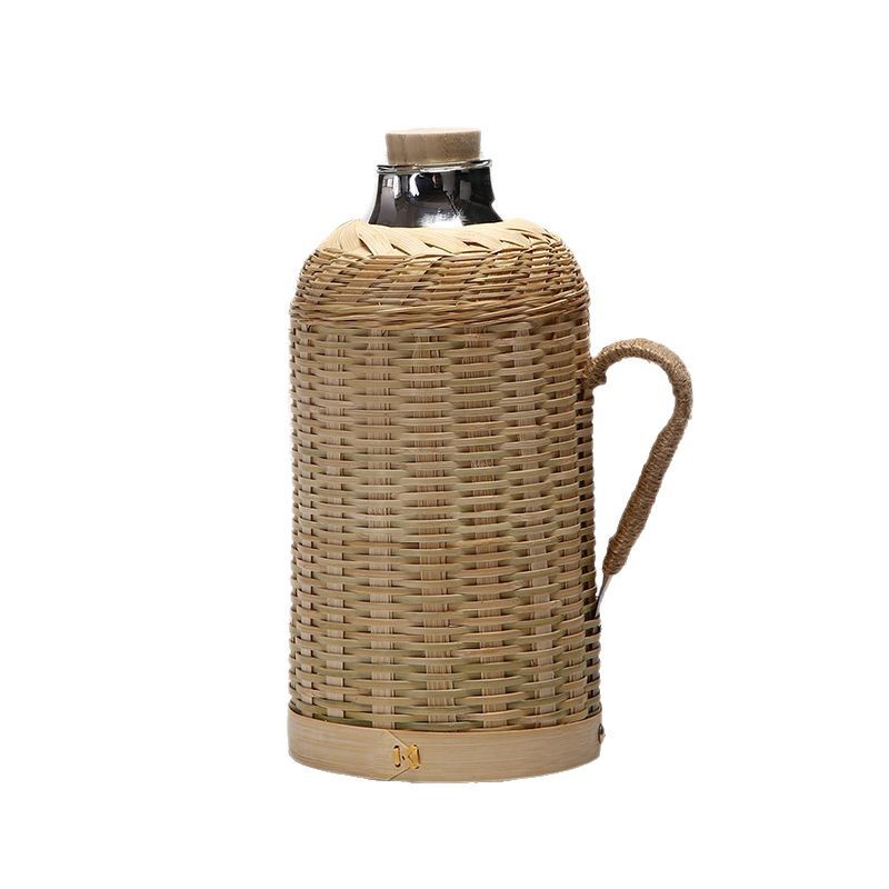 Hot Water Bottle Bamboo Woven Household Handmade Traditional Wooden Stopper Kettle Tea Room Office Thermos Glass Liner Hot Water Bottle