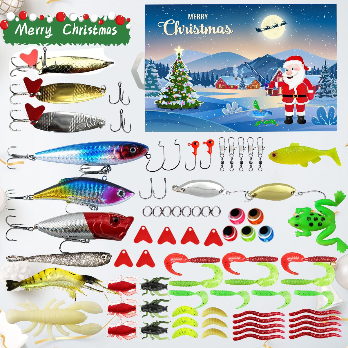 Creative Christmas Advent Calendar Mixed Lure Minnow Crawling Sequin Soft and Hard Bait Fishing Hook Cross-Border Lure Blind Box Set