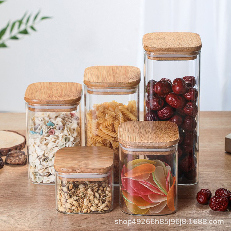 Квадратная герметичная банка из высокобorosilicate стекла, банка для хранения круп и специй с бамбуковой крышкой