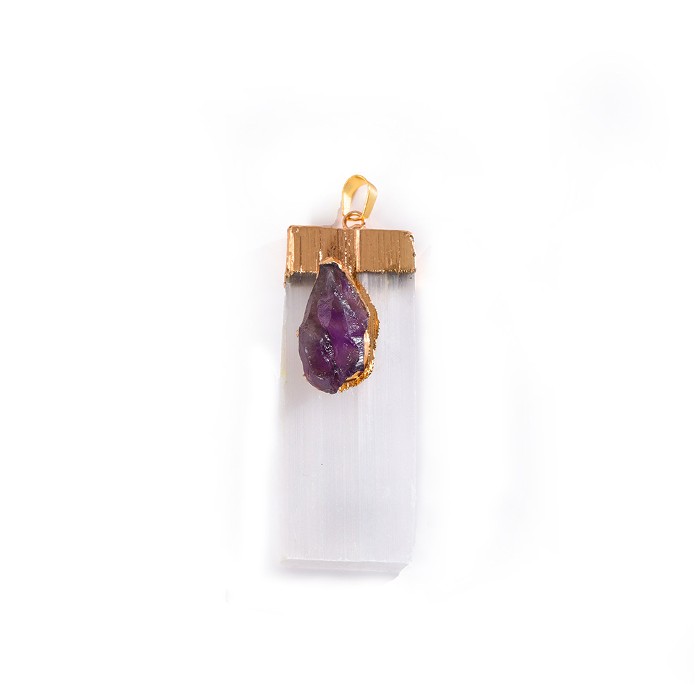 Irregular White Plaster Pendant Necklace Natural Square Rough Stone Inlaid with Amethyst Pendant Crystal Pendant European and American Jewelry