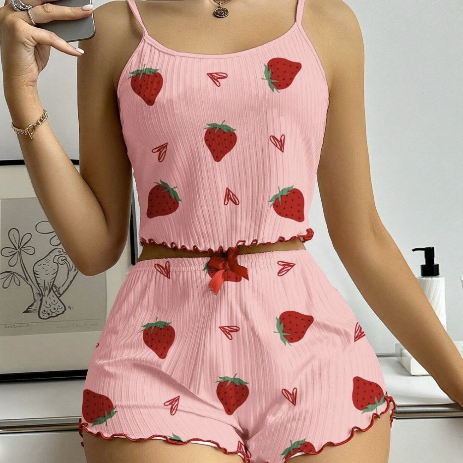 European and American Style Women's Pajamas with Heart Print, Sexy Camisole and Shorts Loungewear Two-Piece Set for Cross-Border Shipping