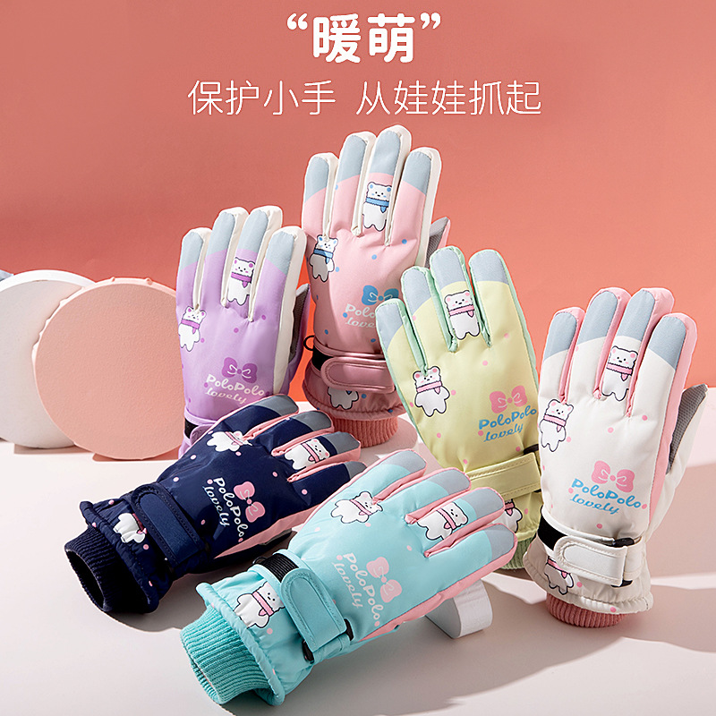 Кросс-бордерные зимние детские лыжные перчатки, с флисовой подкладкой, с сенсорным экраном, пятипалые, нескользящие, ветронепроницаемые, теплые для детей и студентов