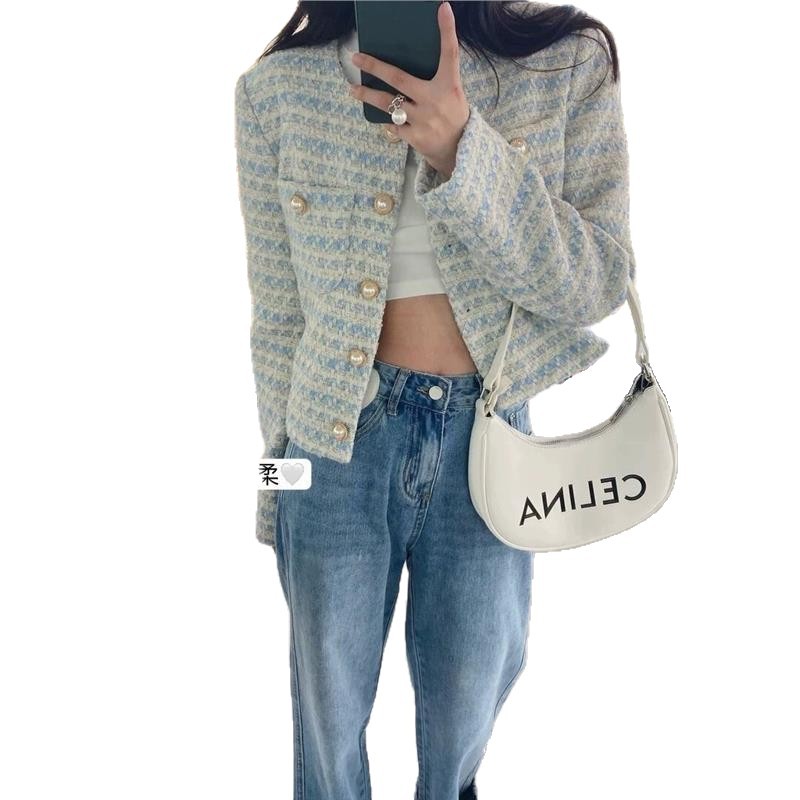 Tweed Style Woven Jacket for Women Spring and Autum 2025 New Elegant Loose Pearl Button Cardigan Fashionable Short Top