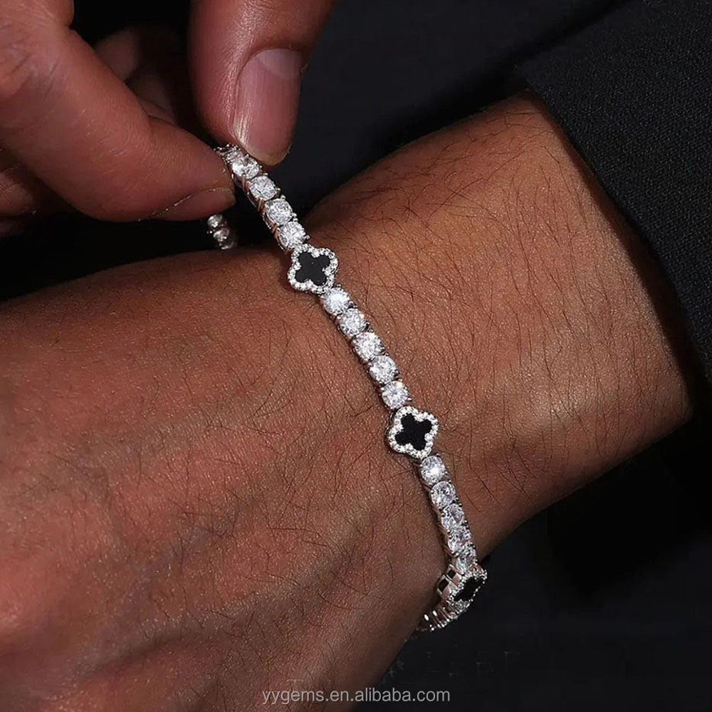 European and American Ins Style Black Onyx Four-Leaf Clover Moissanite Tennis Chain Light Luxury Niche Versatile Women's Bracelet Accessory