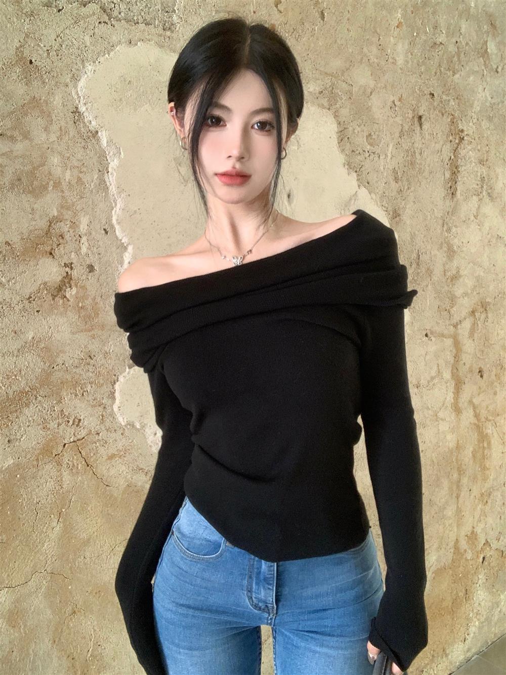 Lazy Style off-Shoulder Clavicle Shoulder Knitted Sweater Short Gentle Style Slim-Fit Slimming Long-Sleeved Base-Layer Shirt Top
