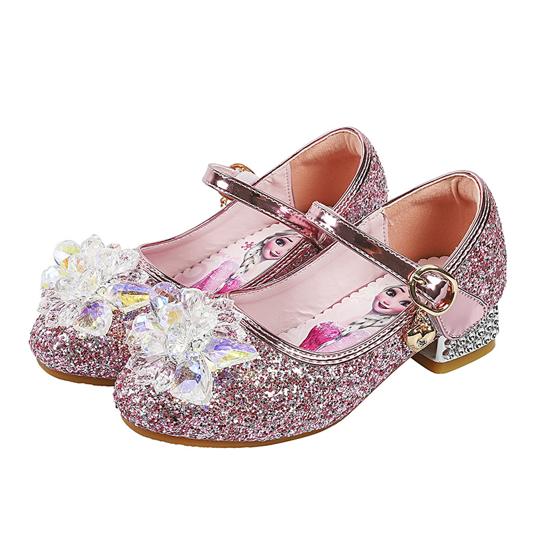 Girls' Princess Leather Shoes, Spring and Autumn New Style, Children's Crystal Shoes, Fashionable Elsa High-Heeled Shoes, Little Girls' Single Shoes