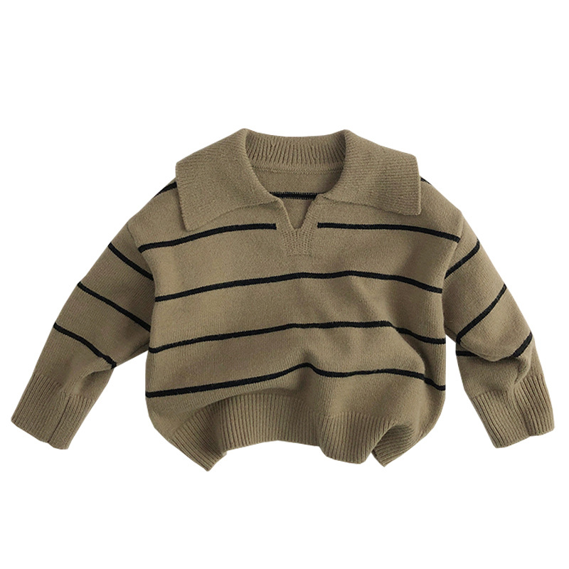 Net Red large lapel V-shaped ~ Korean autumn and winter children's sweater Western style men's and women's baby wool striped knitted bottoming shirt