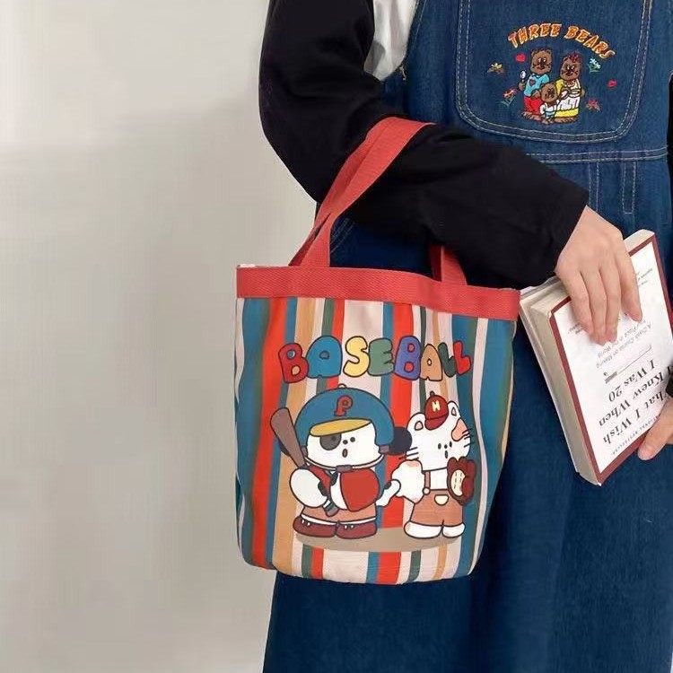 Cute Graffiti Canvas Bucket Bag Children's Fun Illustration Portable Mommy Storage Bag Student Handbag Work Lunch Bag