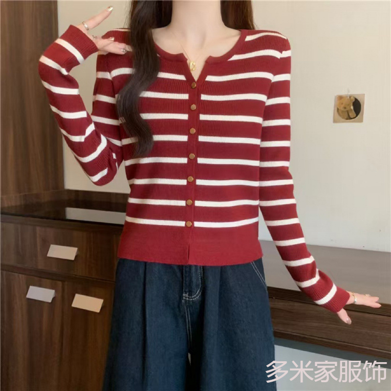 Early Autumn New Contrast Color Stripesd V Neck Pullover Sexy Women's One-Size-Fits-All Knitwear Loose Slimming Look Asymmetrical Top