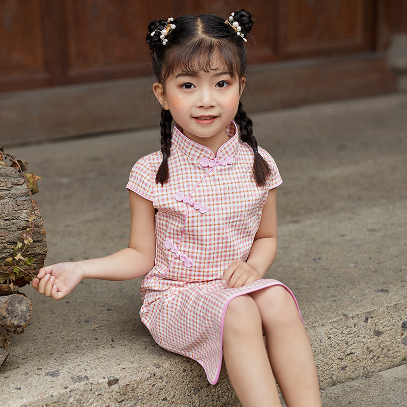 Платье чонгсам для девочек китайский стиль клетчатое платье принцессы западный стиль детская одежда ханьфу лето 2024 новое платье