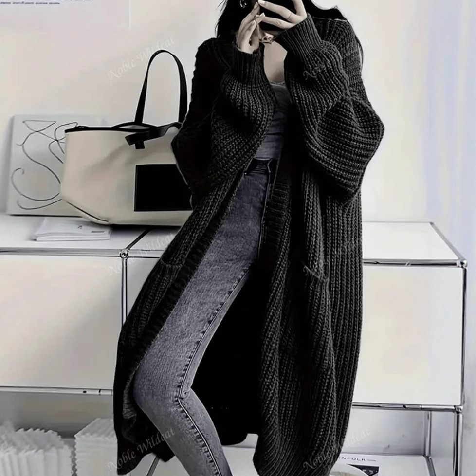 Korean Style Elegant Long Over-The-Knee Sweater Cardigan for Women Autumn and Winter New Style Lazy Style Loose Thickeneded Knitted Jacket for Women Trendy