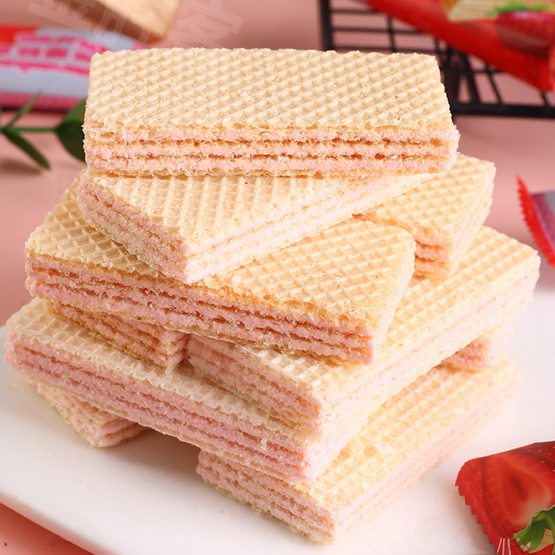 [Full Box of 50 Packs] Strawberry Ice Cream Soy Milk Sandwich Wafer Biscuits Ready-To-Eat Snacks with Free Shipping!