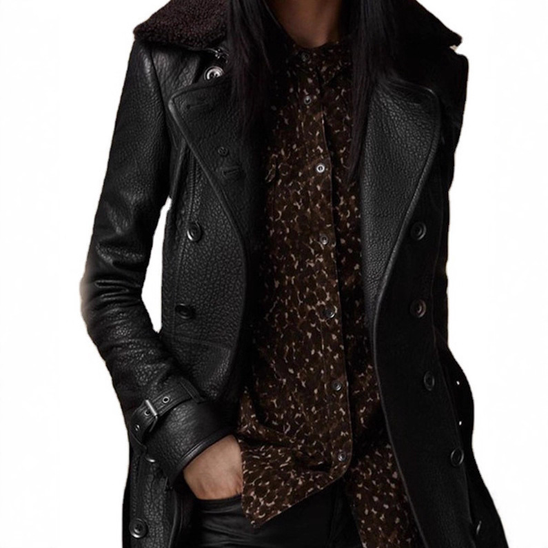 2023 British women's fur collar leather coat mid-length motorcycle thickened leather jacket slim jacket