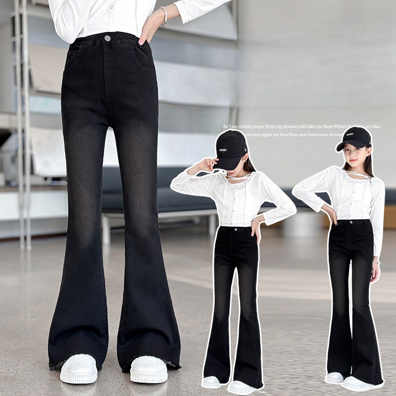 Girls' Spring and Autumn Pants 2025 New Korean Style Fashionable Frayed Hem Stretchy Flared Jeans Long Pants