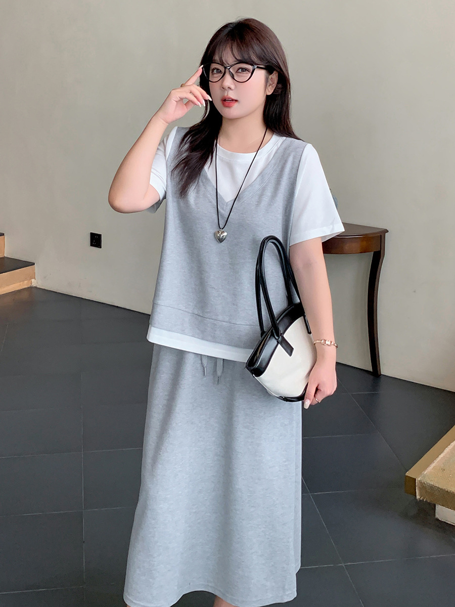 Korean Preppy Style Casual Street Two-Piece Summer Fake Two-Piece Vest T-Shirt Skirt Suit 281523