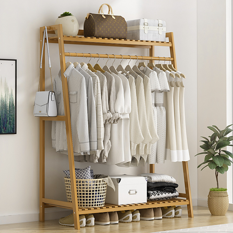 Floor-Standing Clothes Rack Simple Thickened Solid Wood Bedroom Coat Rack Clothes Hanger Household Clothes Drying Rack Storage Rack Removable