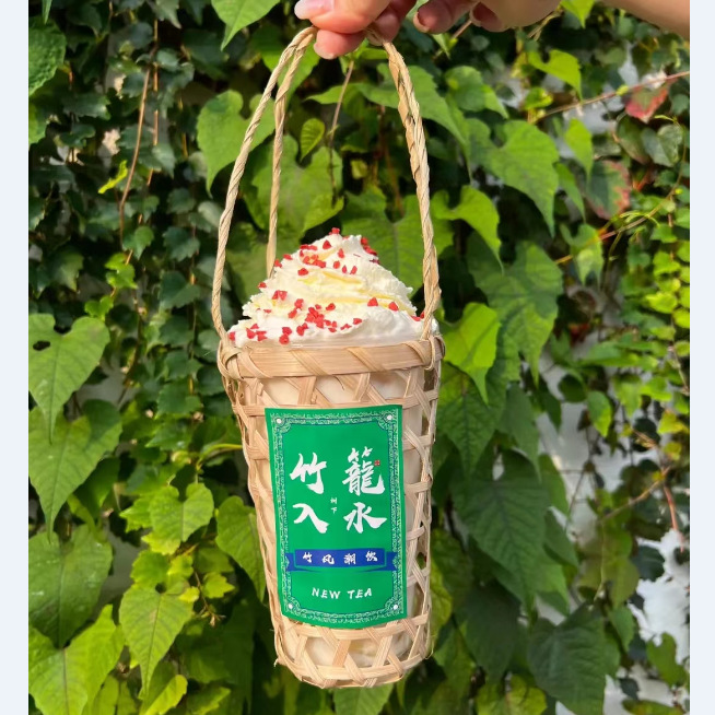 Internet Celebrity Handmade Bamboo Basket Milk Tea Cup Set Internet Celebrity Bamboo Tube Milk Tea Drink Shop Bamboo Basket Bamboo Handle