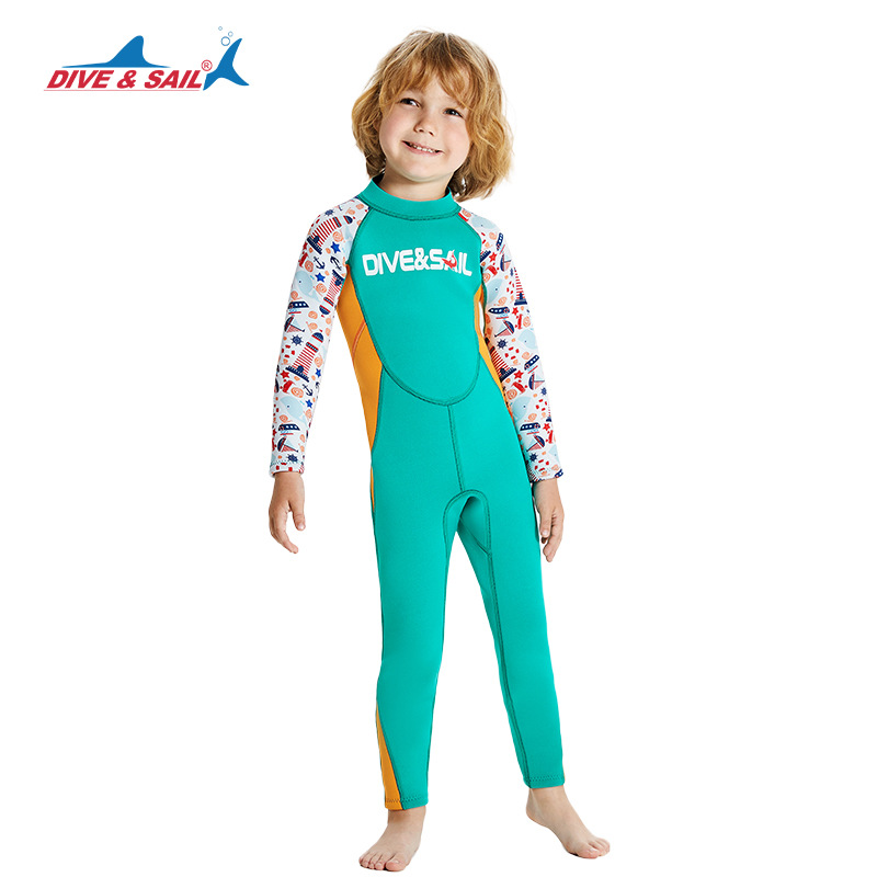 新款儿童保暖潜水服2.5MM连体长袖长裤潜水衣防寒游泳浮潜冲浪衣