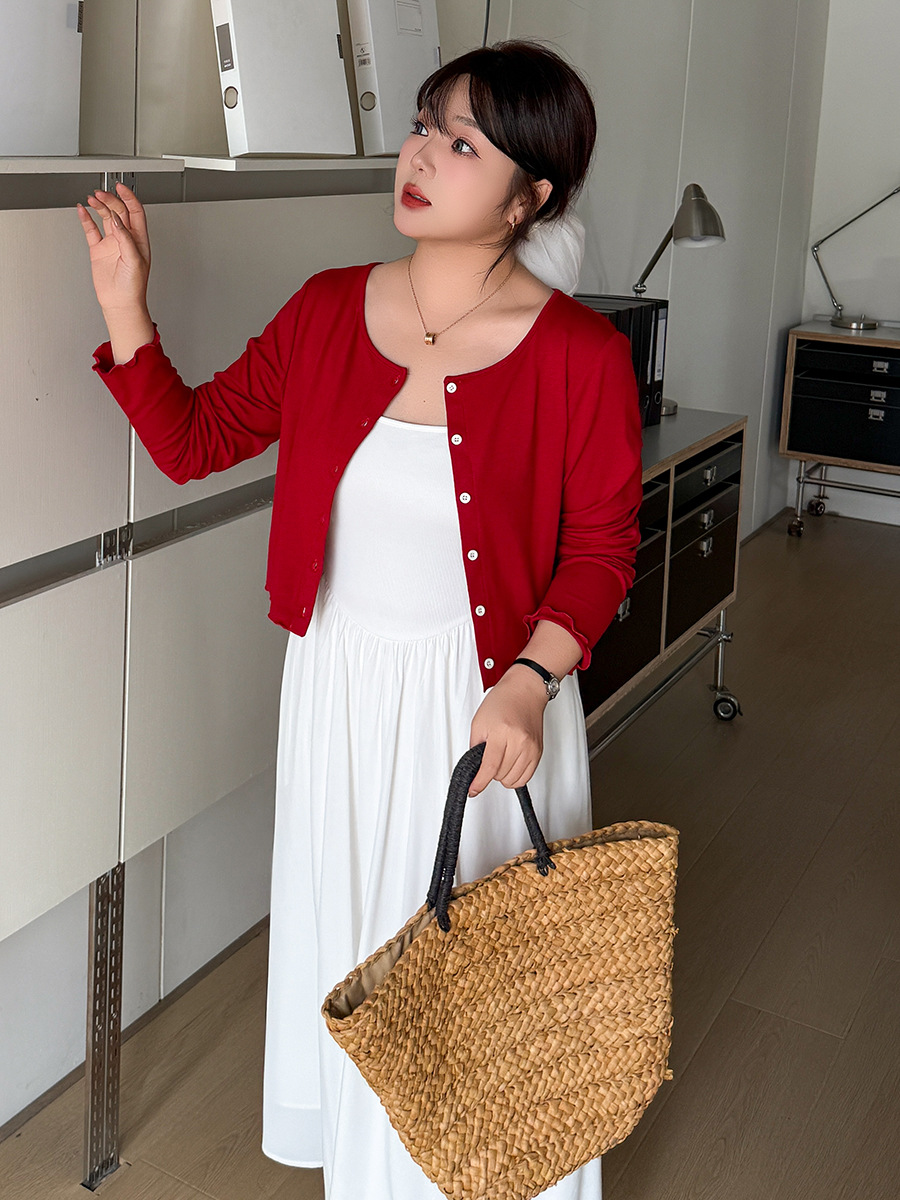 Eno Plus Size Women's Cardigan Suspender Skirt Suit 2025 Autum New Sweet White Moonlight Two-Piece Set 132128