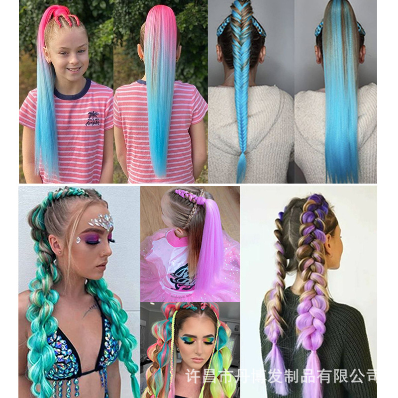 Cross-border Children's Girls Rubber Band Ponytail Wigs Boxing Braids Colored Braids Ponytail Wigs Hair Braids