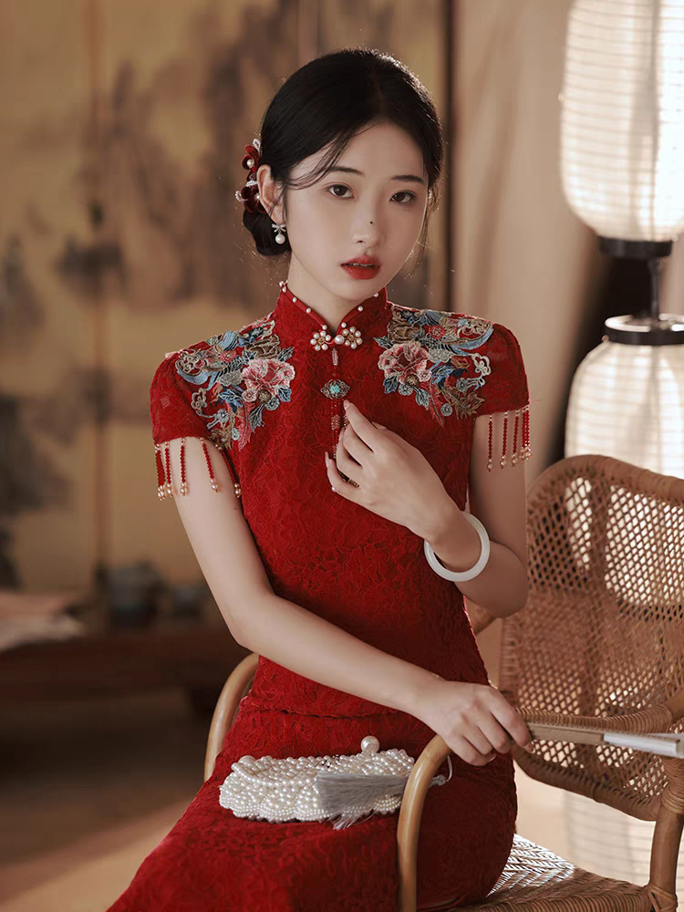 Cheongsam Toast Dress Bride wine red Small Engagement Dress dress New Chinese Style Beautiful Wedding Girl