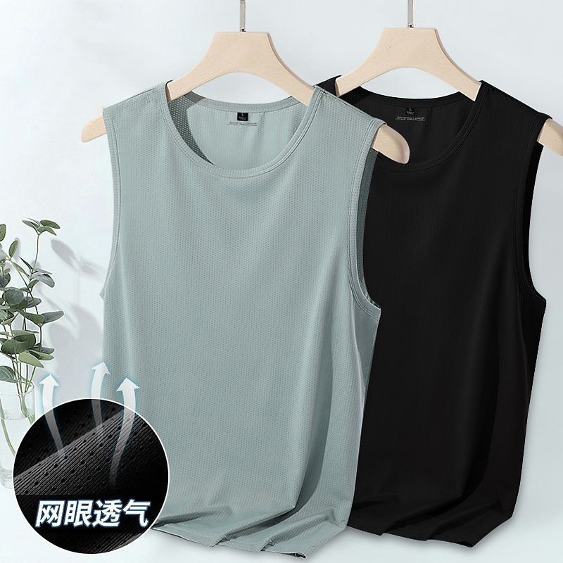 Trendy Men's Round Neck Vest Summer Thin Breathable Quick-Drying Mesh Sleeveless T-Shirt Large Size Loose Hurdle Sports Sleeves