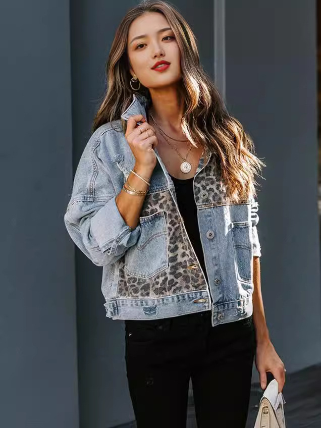 Cross-border autumn and winter new Amazon Denim coat women's long sleeve independent station European and American coat women's leopard stitching top