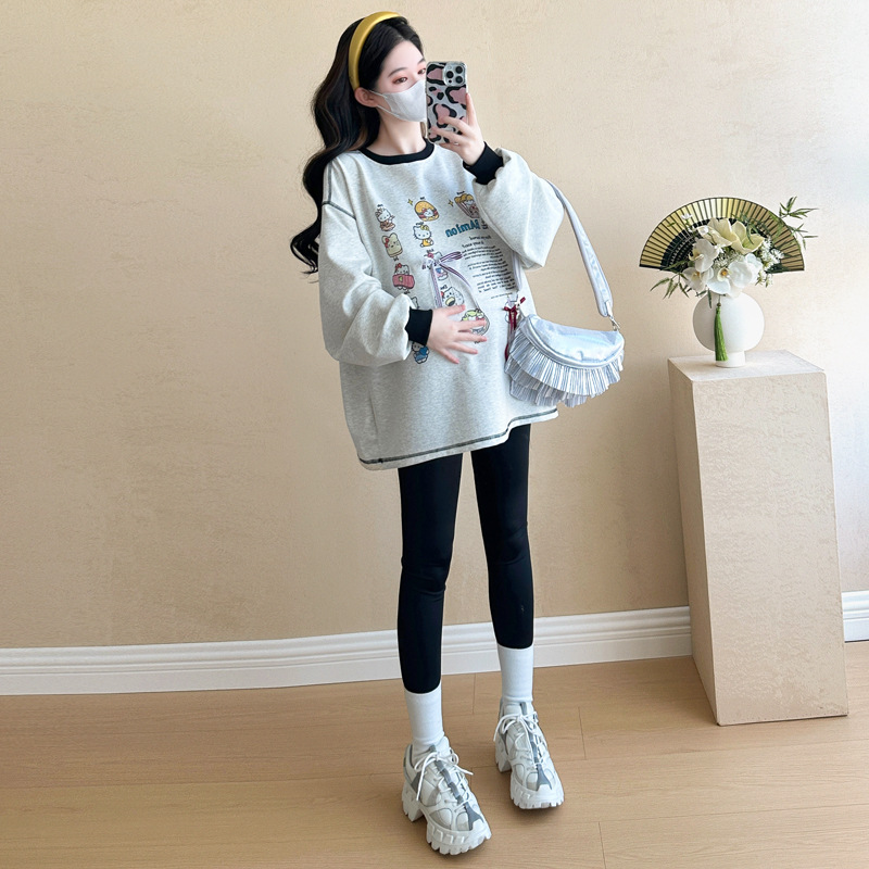 Pregnant Women's Sweatshirt 2024 Fall/Winter New Korean Style Cartoon Age-reducing Printed Loose plus size Mid-length fleece-lined Top