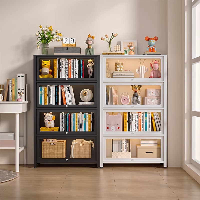 Steel Bookcase with Glass Door Storage Cabinet Floor-Standing Dust-Proof Iron Display Cabinet for Figurines Home Bookcase Storage Cabinet