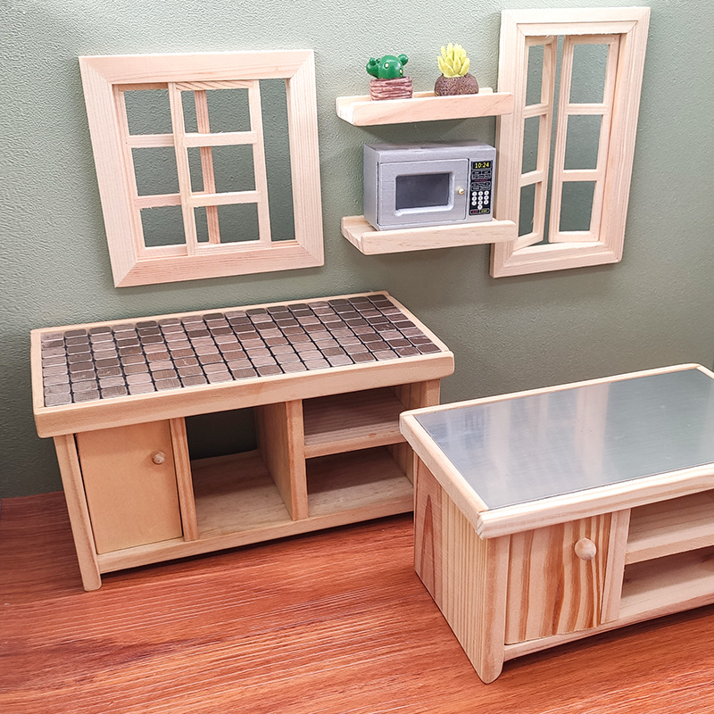 Children's Artificial Doll House Handmade Miniature Wooden Scene Solid Wood Table and Cabinet Toys