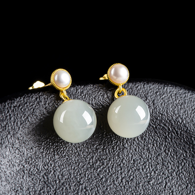 genuine goods Natural Old Material Hetian Jade Round Bead Earrings Pearl Women's Earrings S925 Silver Set Jade Stone Simple Earrings